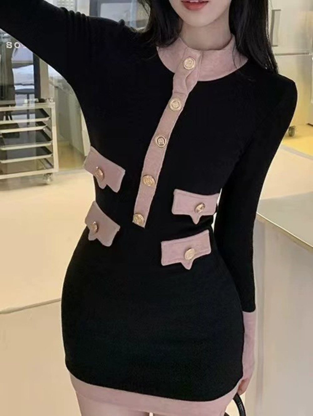 ZARA French Chic Contrast Knit Bodycon Dress Sexy Slim Spring Autumn Winter
